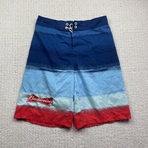 Y2K Budweiser Board Shorts Mens M Swim Trunks Blue / Red Striped Surf Beer Promo